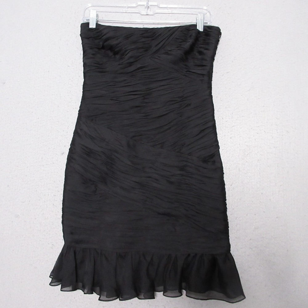 Halston Heritage‎ Dress 6 Black Mini Silk Zoe Ruched Ruffle Crinkle Cocktail NWT